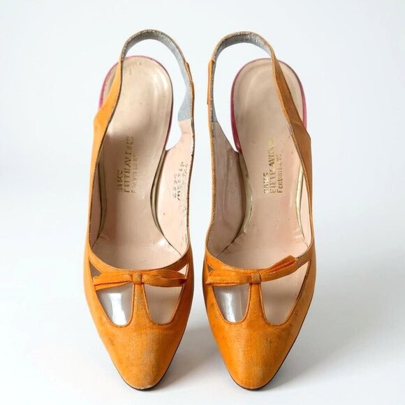 Vintage Saks Fifth Avenue Slingback Heels | Orange Pink Satin | Clear Vinyl Inse - Picture 2 of 14